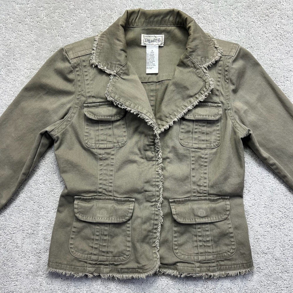 Live a Little Utility Jacket Womens Small Olive Green Raw Hem Cargo Pockets